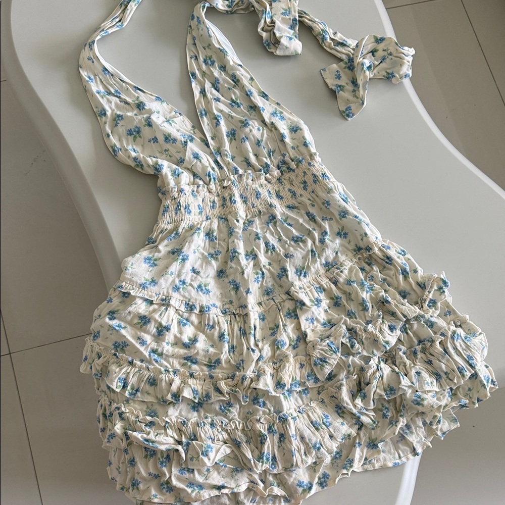 Floral Halter Dress in Cream and Blue